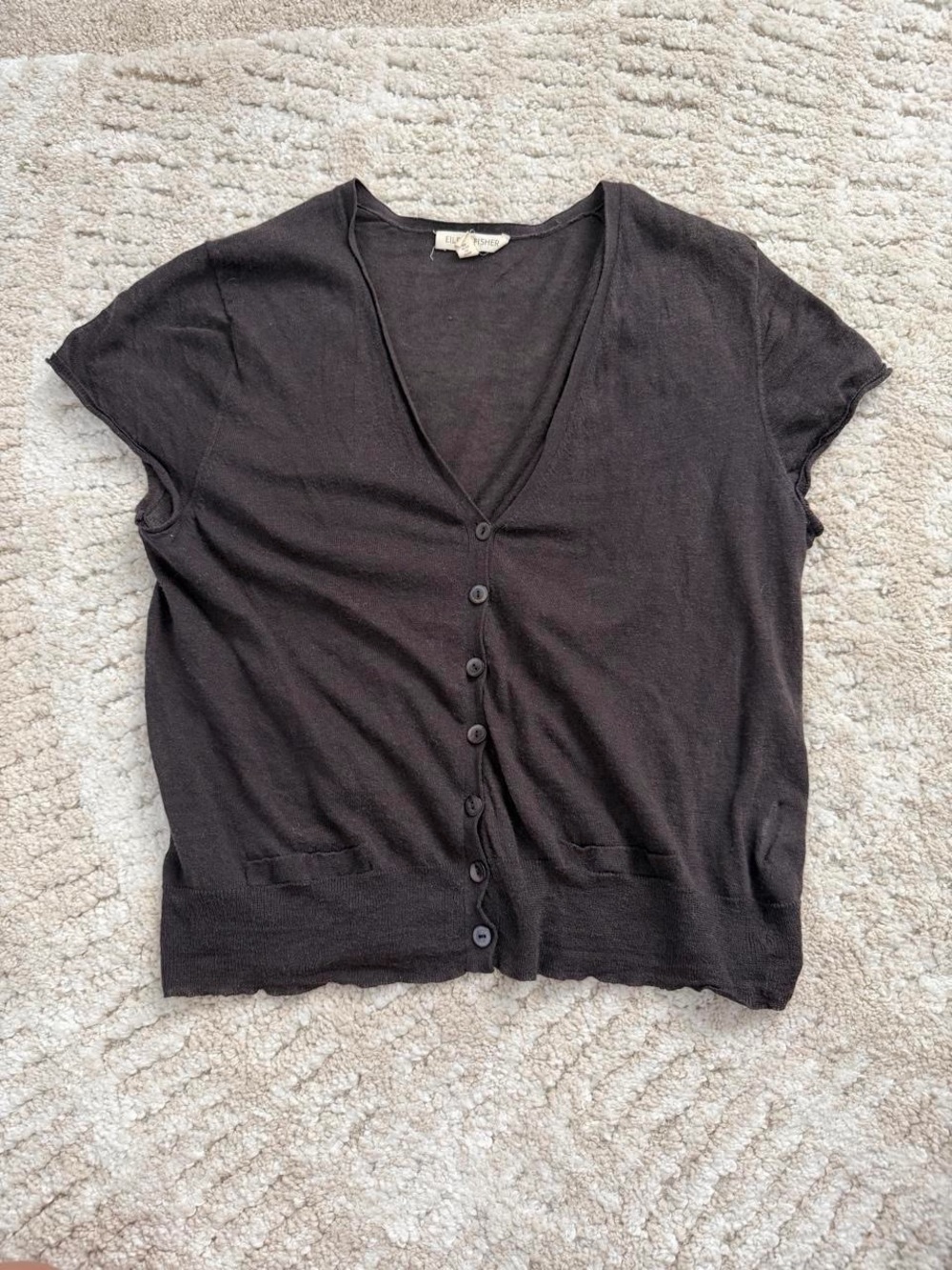 Eileen Fisher brown Short Sleeve V-Neck Button Cardigan